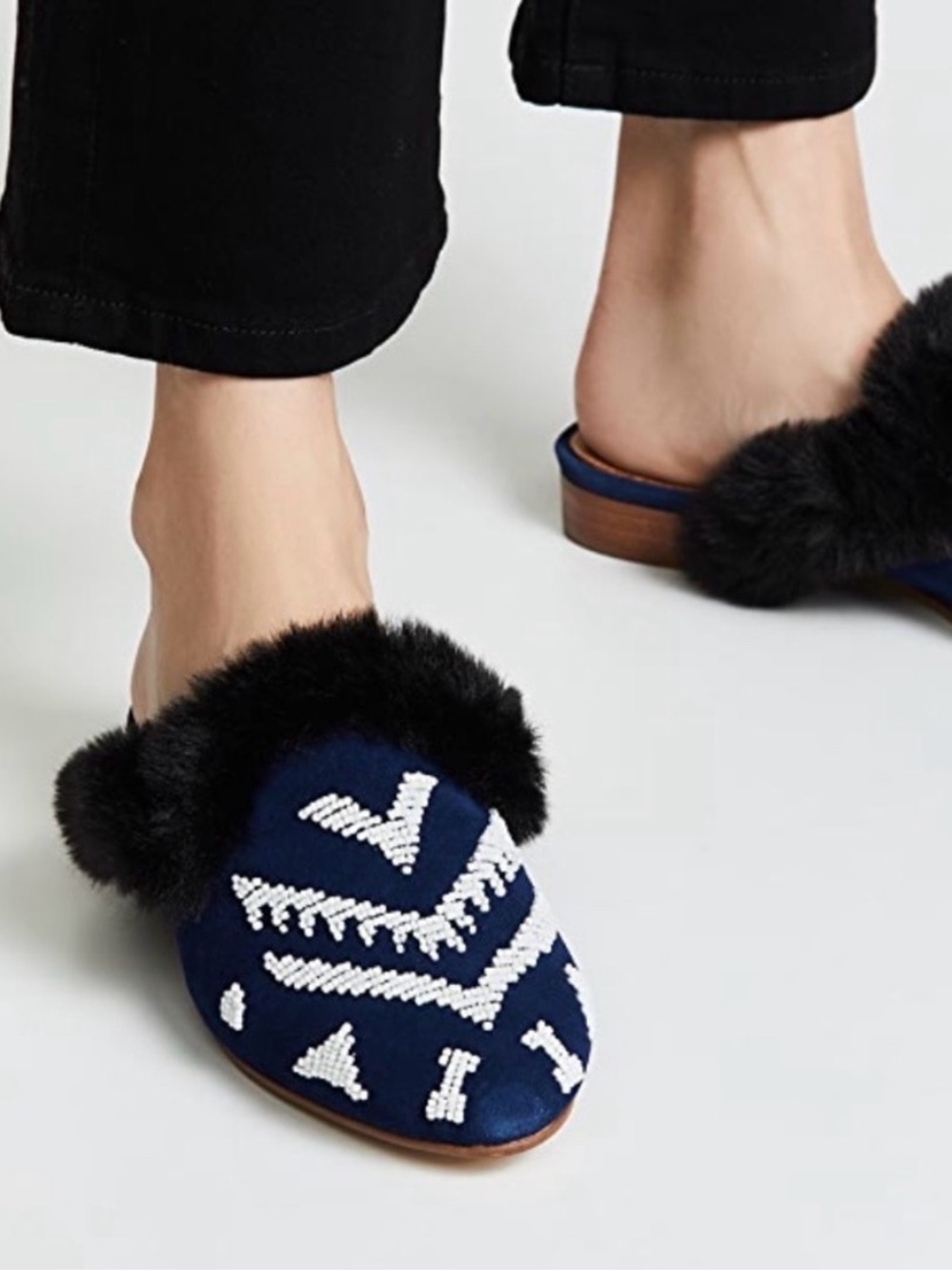 Soludos Navy Blue Beaded Fur-Trim Slip-On Mules